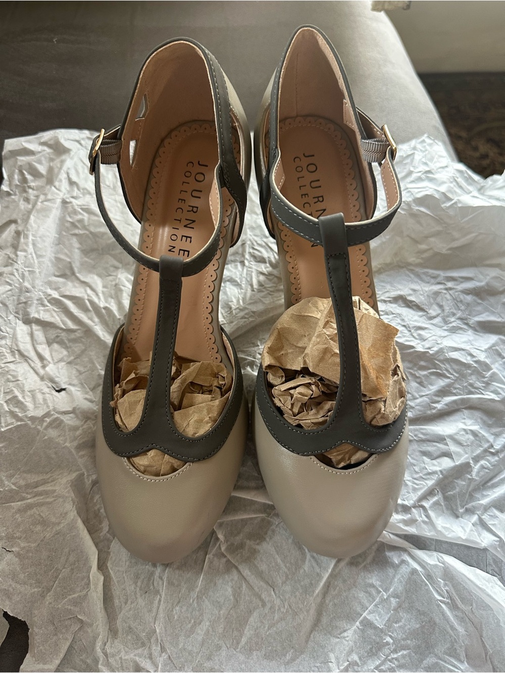 Journee Collection Women's Two-Tone T-Strap Pumps in Taupe and Dark Gray